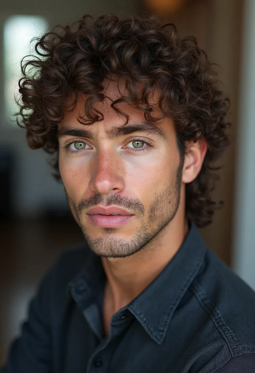 Man with curly mullet hairstyle and curly hair.
