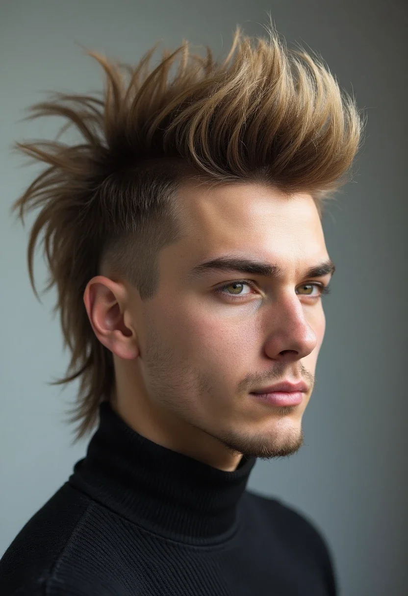 Man with spiky mullet hairstyle and straight hair.