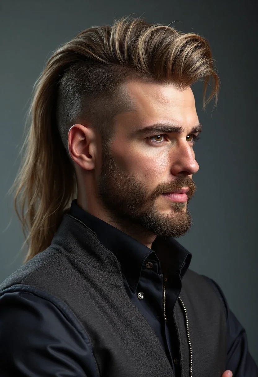 Man with long mullet hairstyle and straight hair.