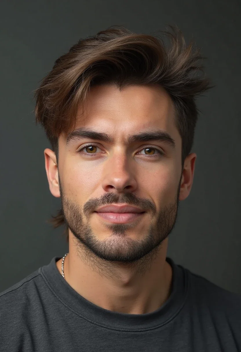 Man with short mullet hairstyle and straight hair.