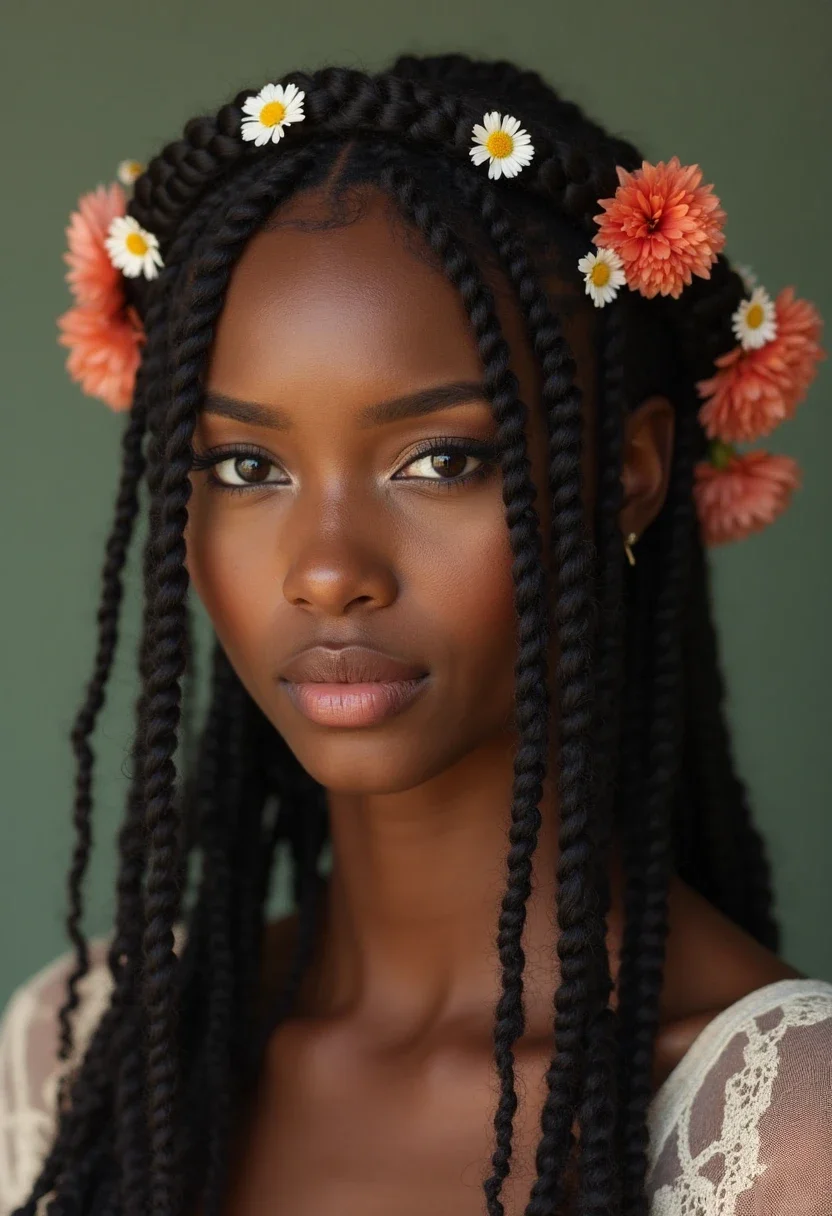 Black woman with a halo braid hairstyle.
