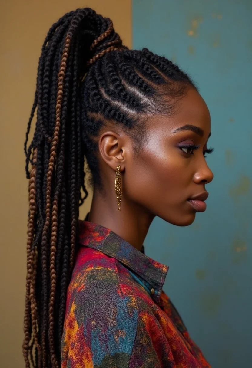 Black woman with colorful box braids.