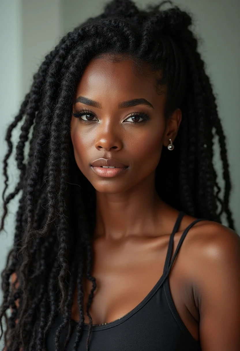 Black woman with faux locs hairstyle.