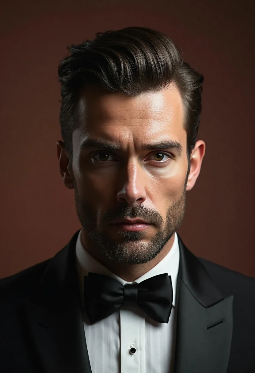 Man with slicked back hair in a tuxedo.