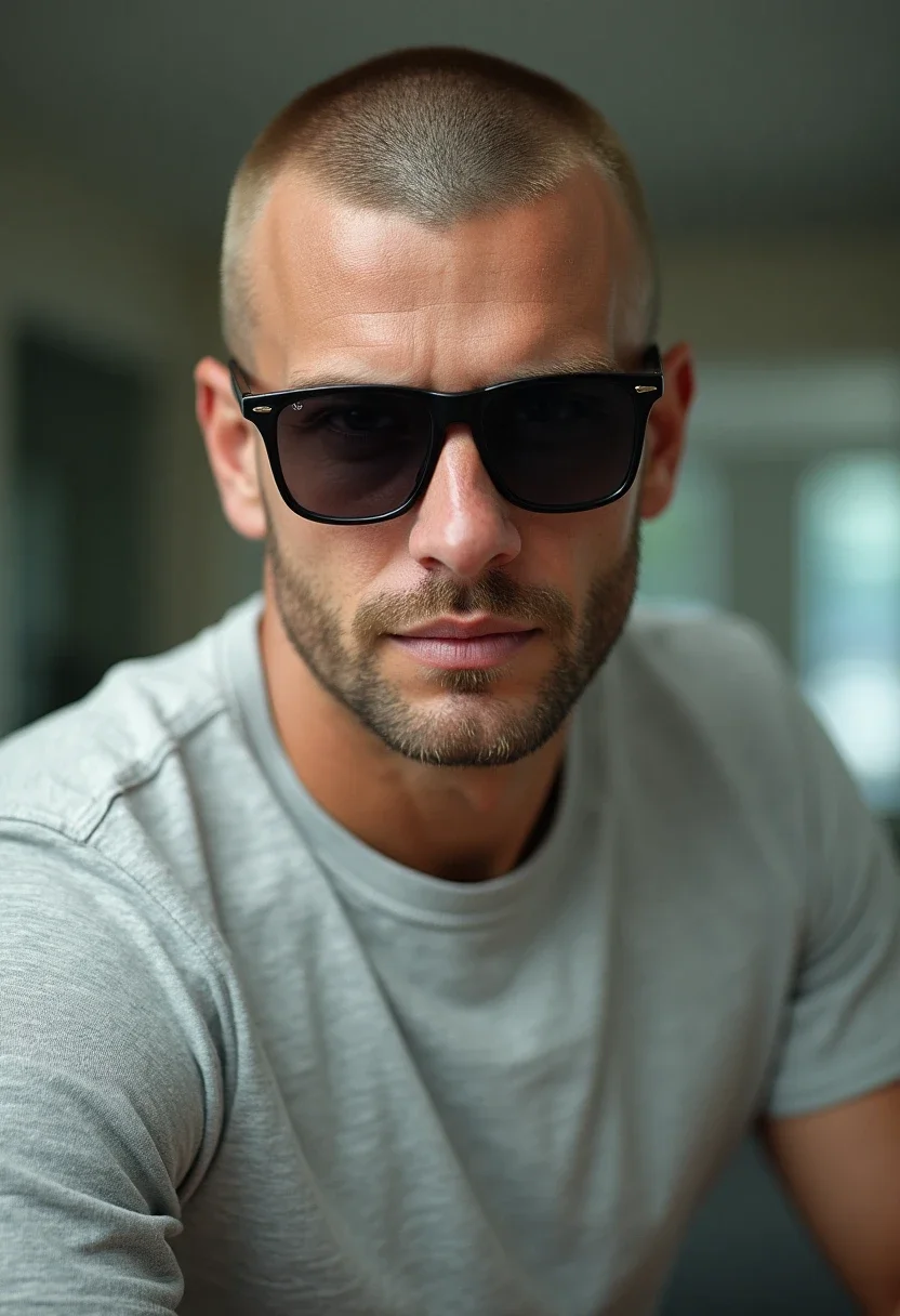 Man with a buzz cut in a t-shirt and sunglasses.