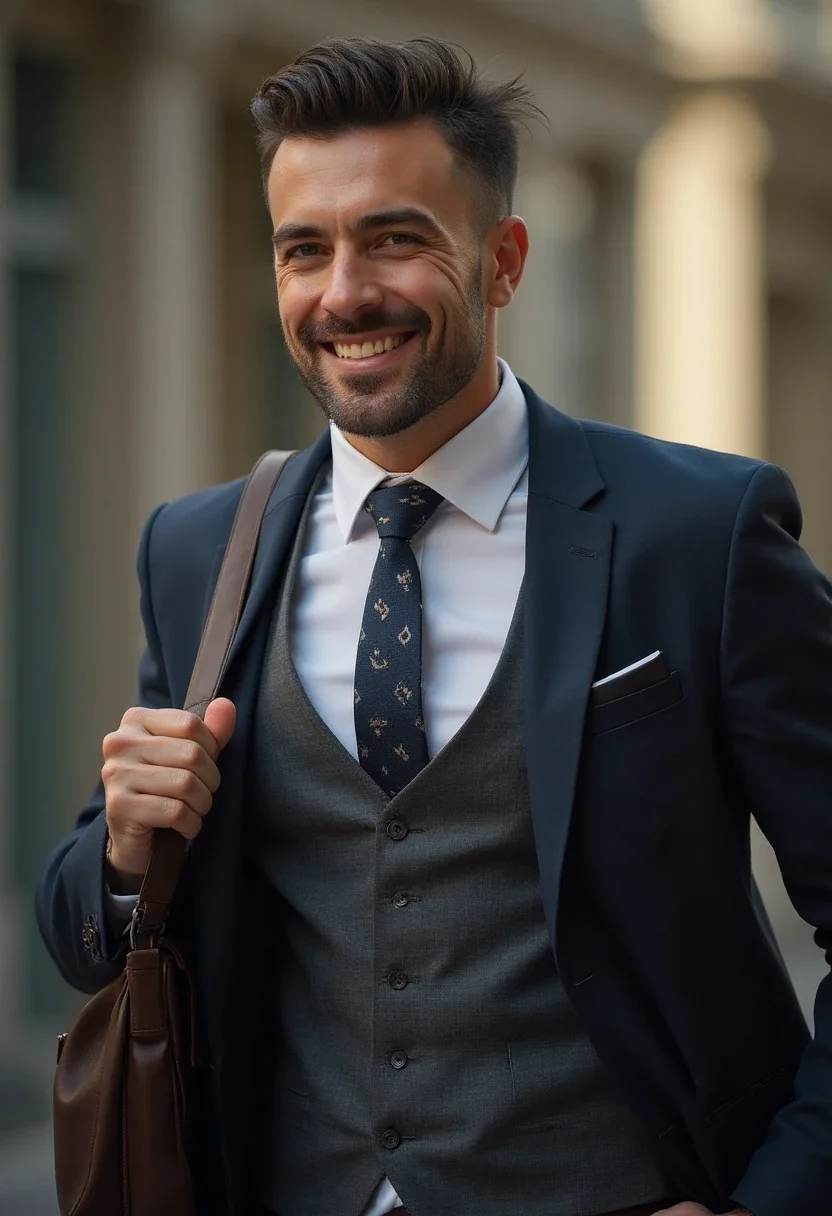 Man with a comb over hairstyle in a business suit.