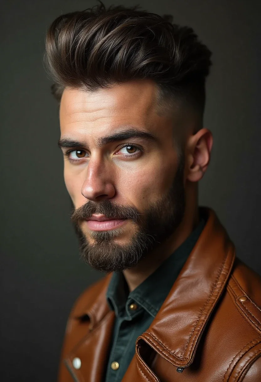 Man with a pompadour hairstyle in a leather jacket.