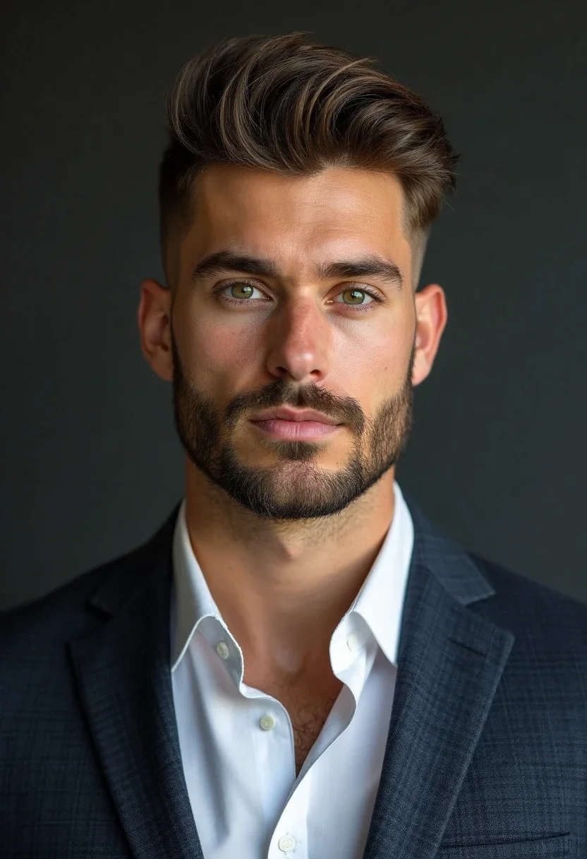 Man with a quiff hairstyle in a blazer.