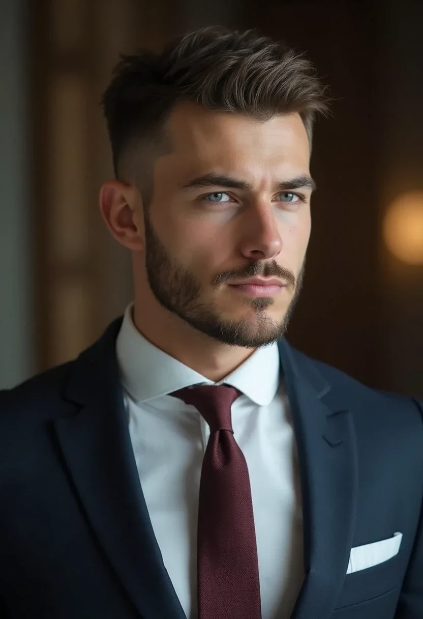 Man with a taper cut in a suit and tie.