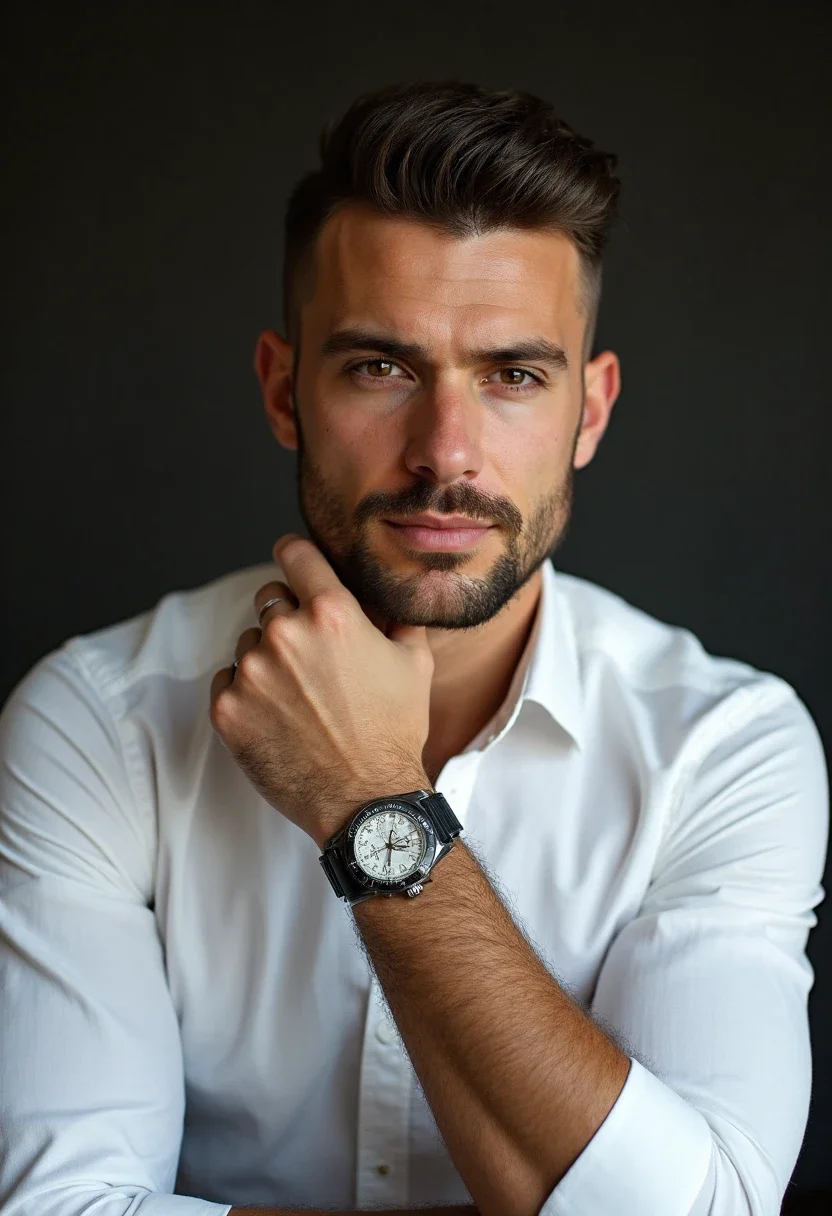 Man with a Caesar cut in a white shirt and watch.