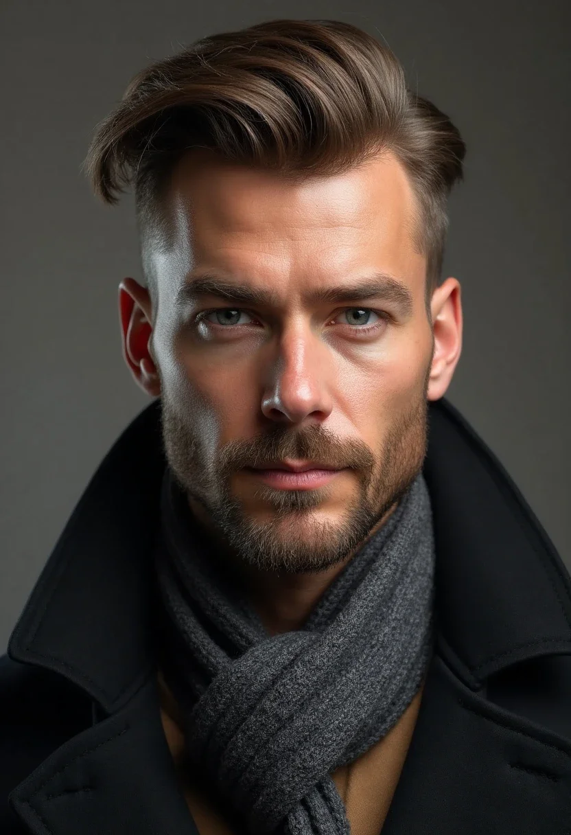 Man with a brushed back hairstyle in a coat and scarf.