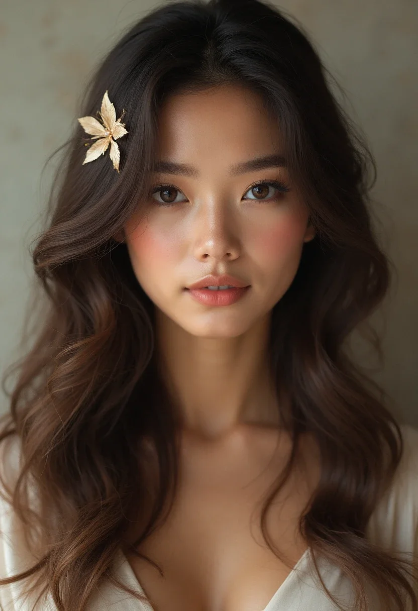 Woman with long loose waves and a delicate hairpin