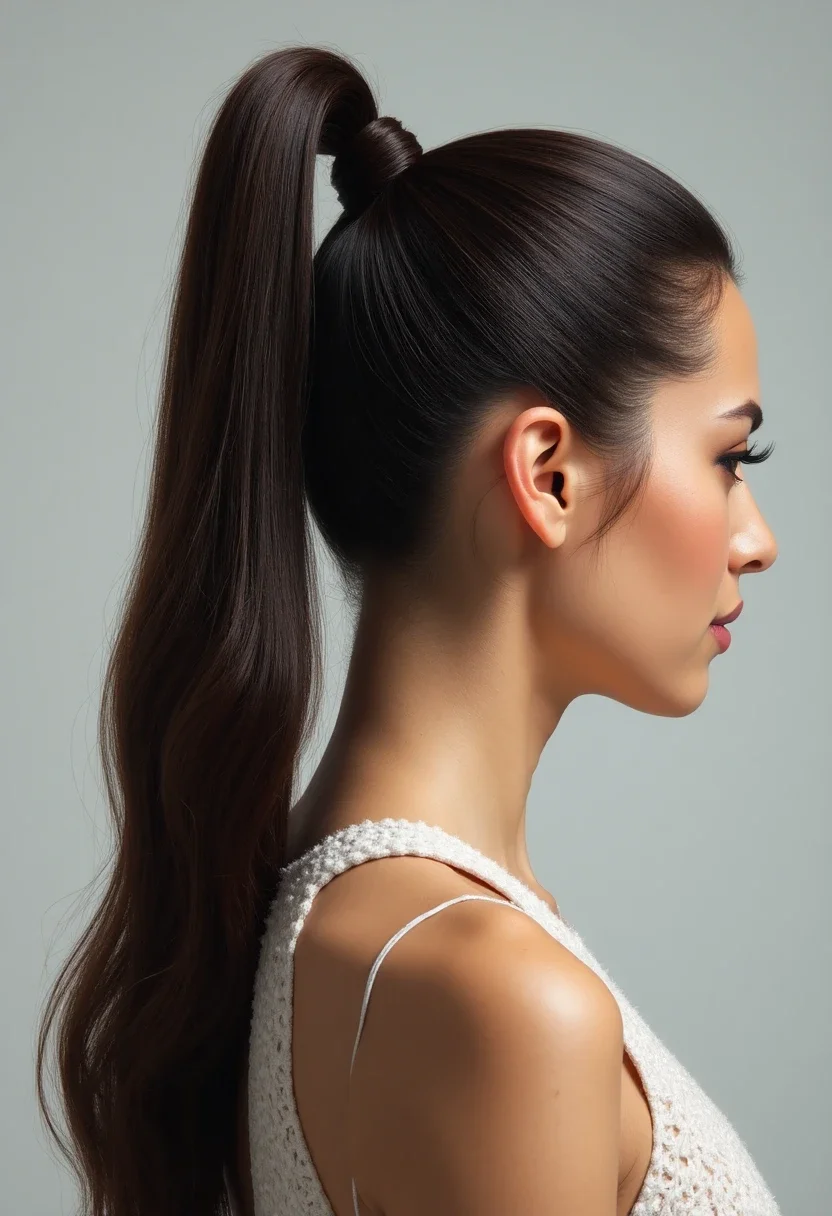 Woman with a sleek high ponytail, straightened hair