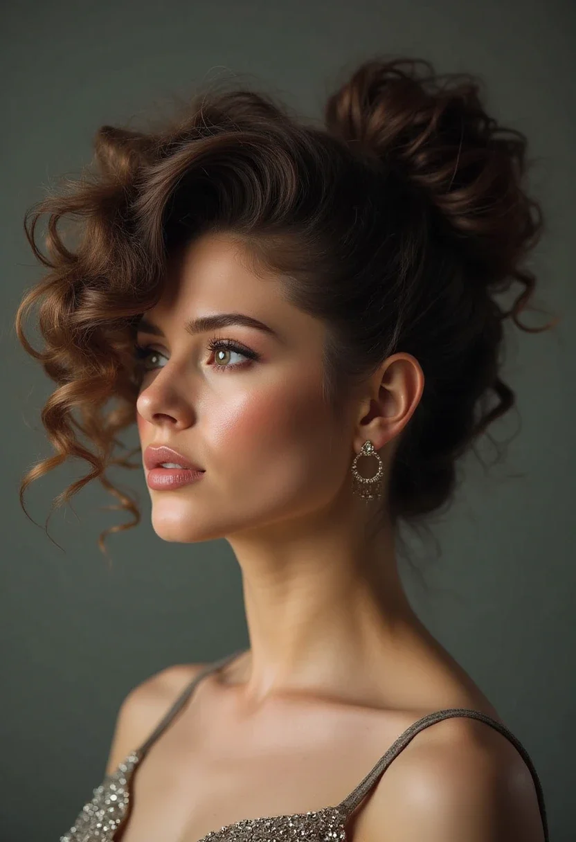 Woman with a voluminous curly updo hairstyle