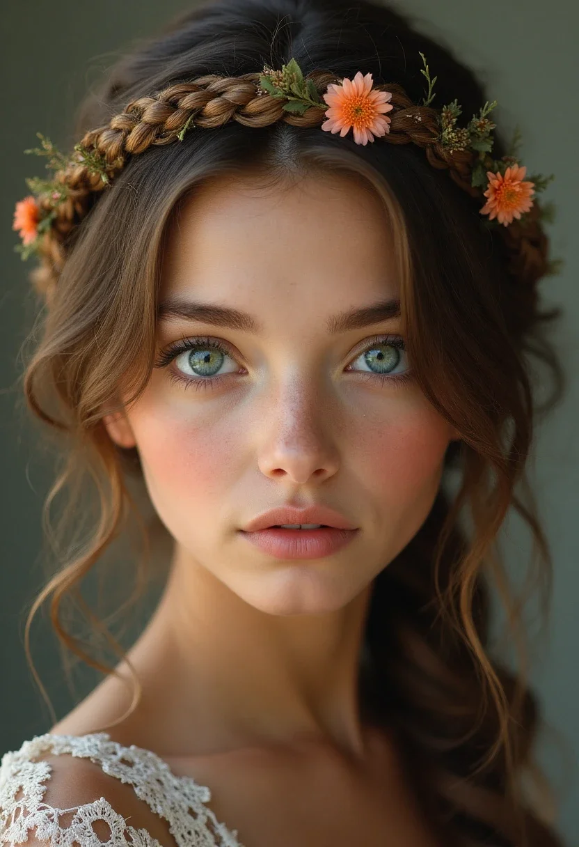 Woman with a bohemian braided crown hairstyle with flowers