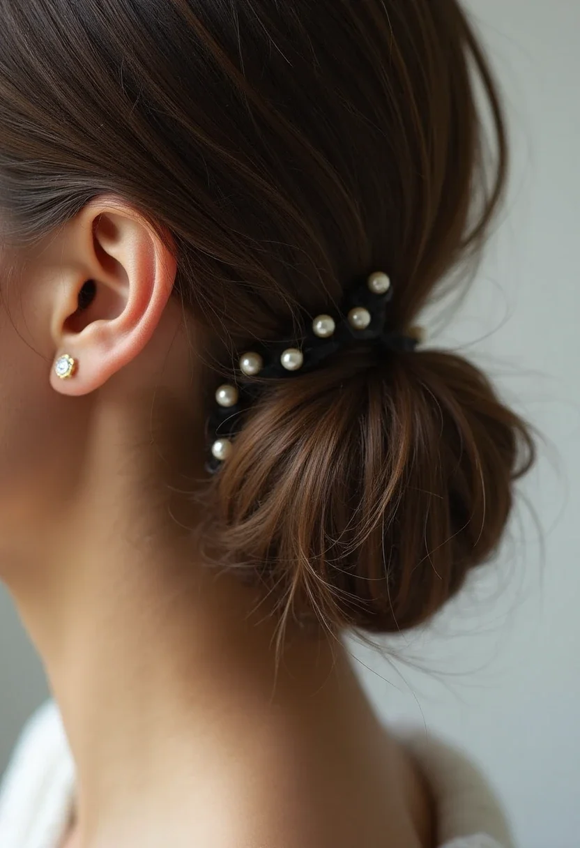 Elegant chignon hairstyle with pearl hairpins.