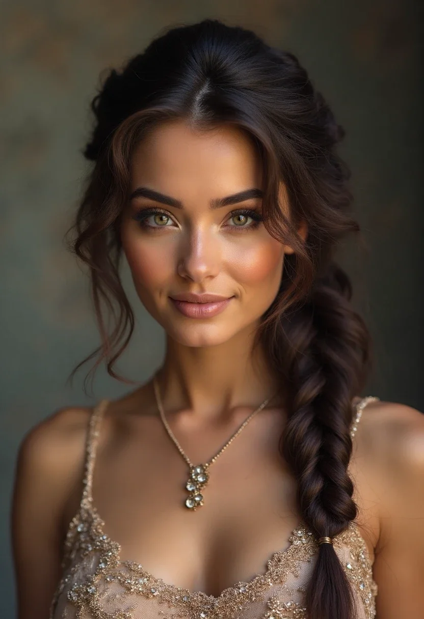 Waterfall braid hairstyle with a beaded dress.