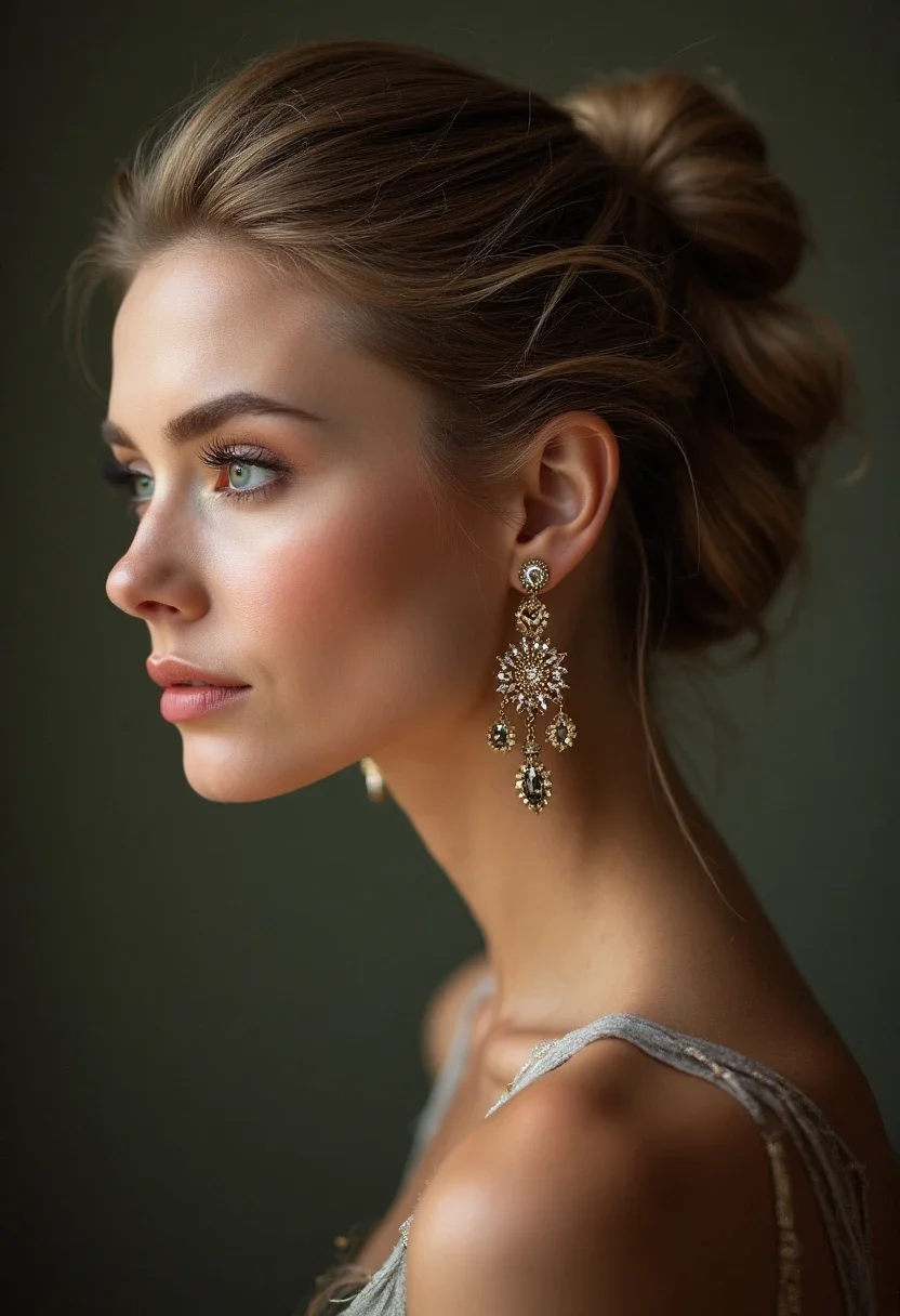 Classic French twist hairstyle with statement earrings.