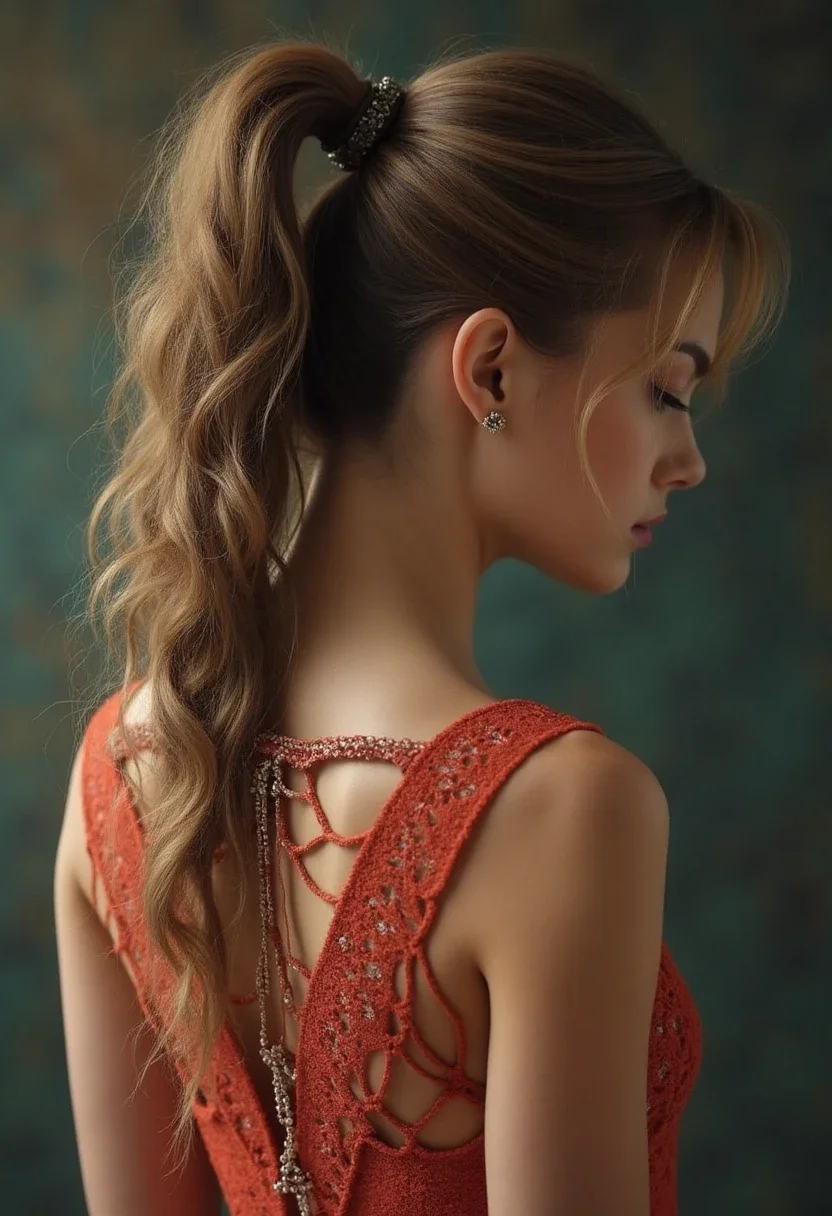 Voluminous ponytail hairstyle with an open back dress.