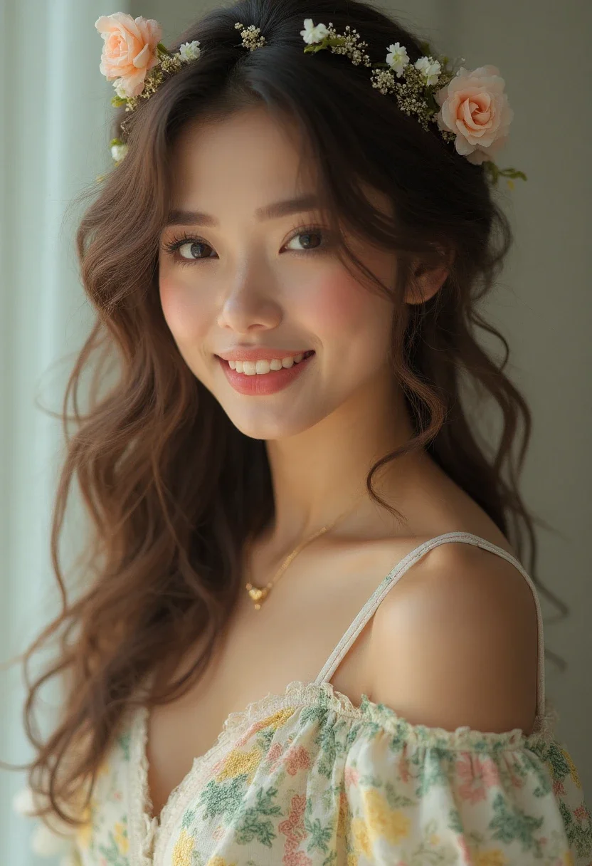 Loose curls with floral accents hairstyle.