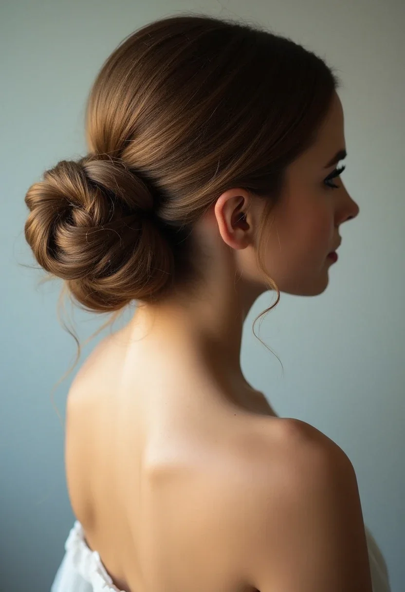 Half-up twisted bun hairstyle with a strapless dress.