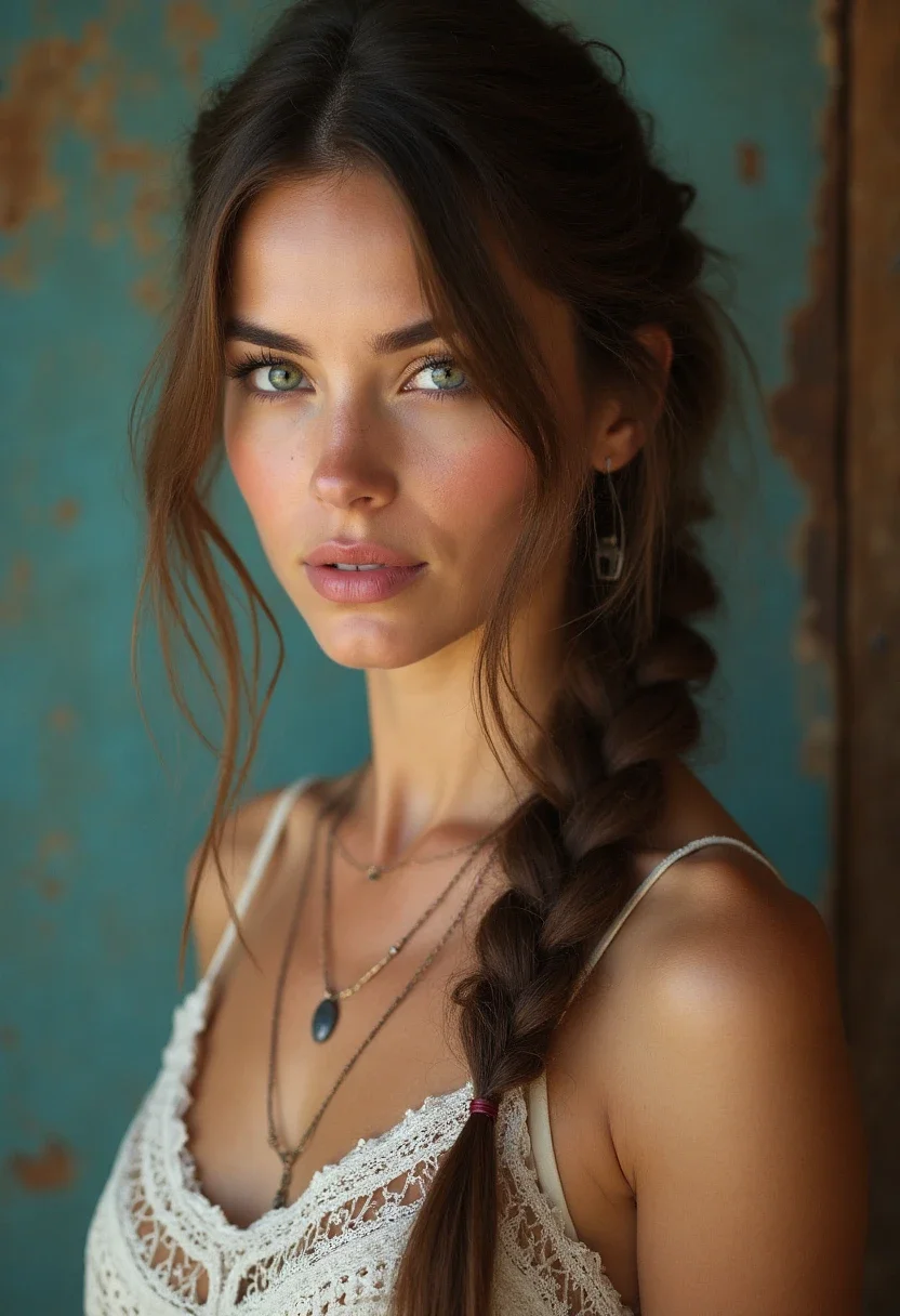 Messy fishtail braid hairstyle with a bohemian dress.