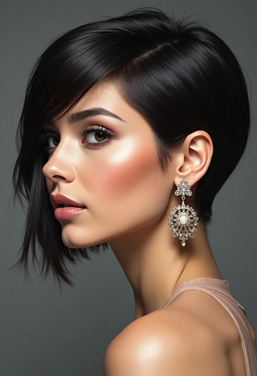 Woman with a sleek side-parted hairstyle.