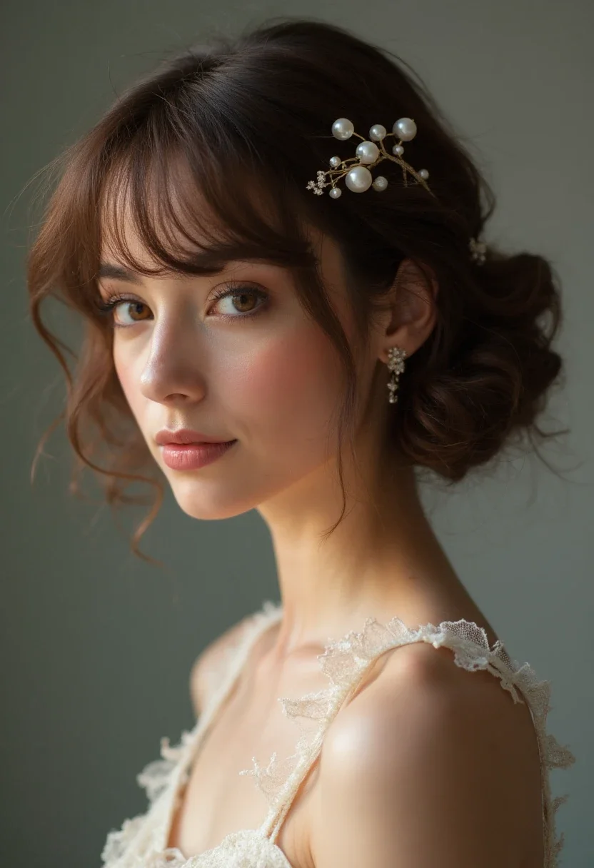Romantic soft waves hairstyle with pearl pins.