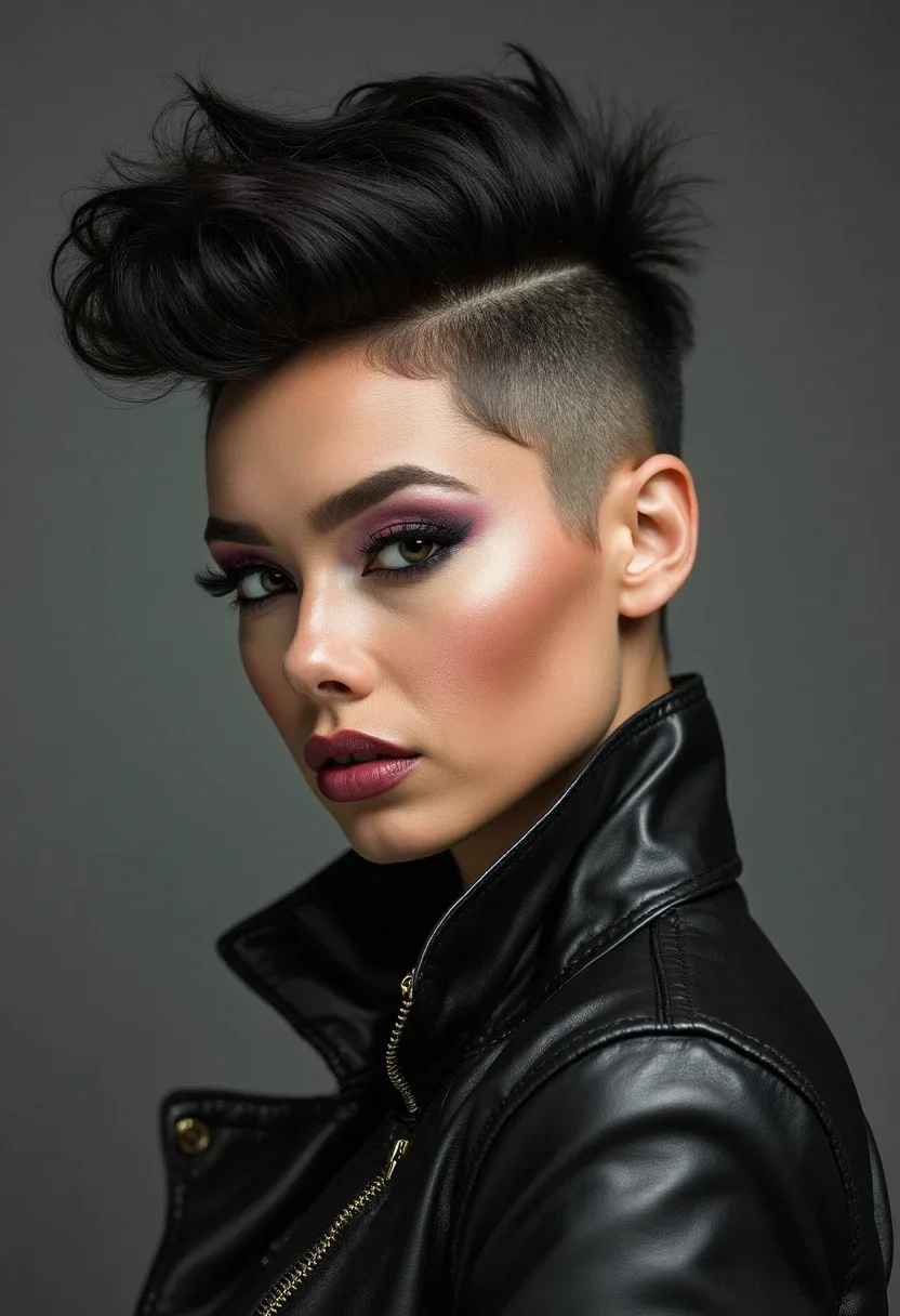 Bold pompadour hairstyle with edgy makeup.