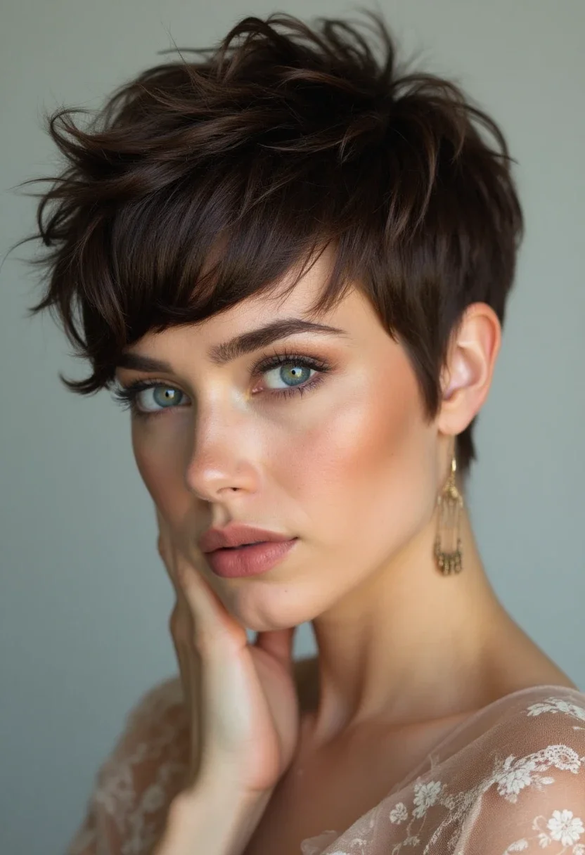 Textured pixie cut with a floral accessory.