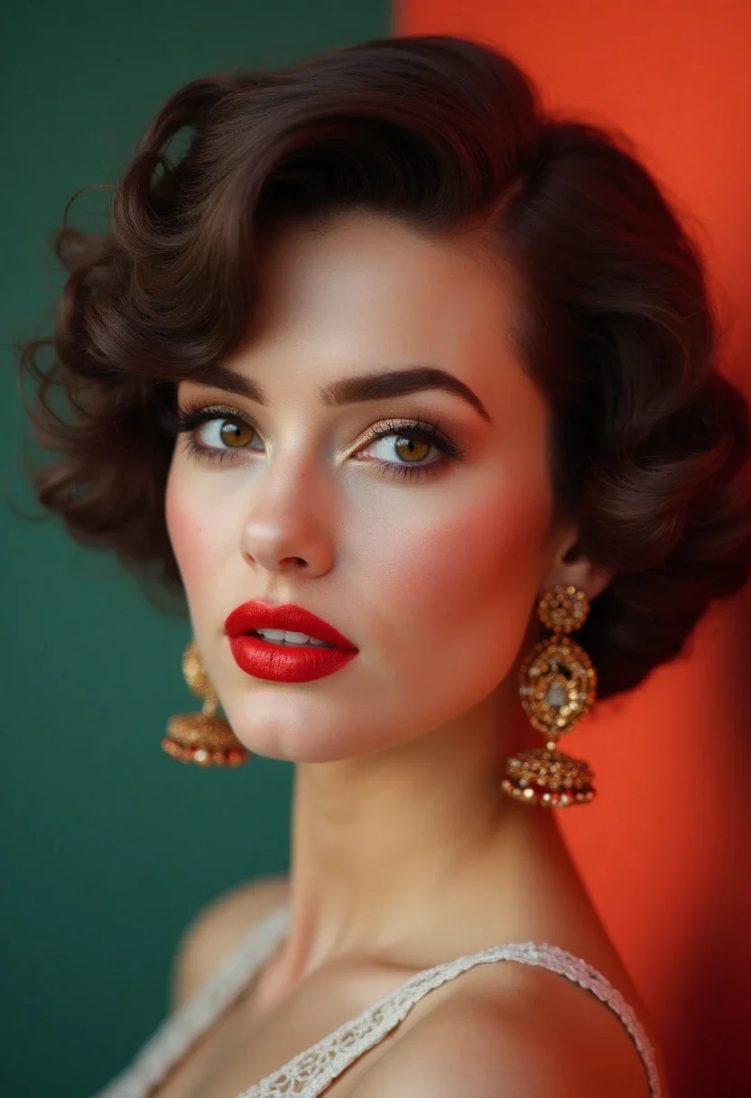 Short hair styled in retro curls with bold lipstick.