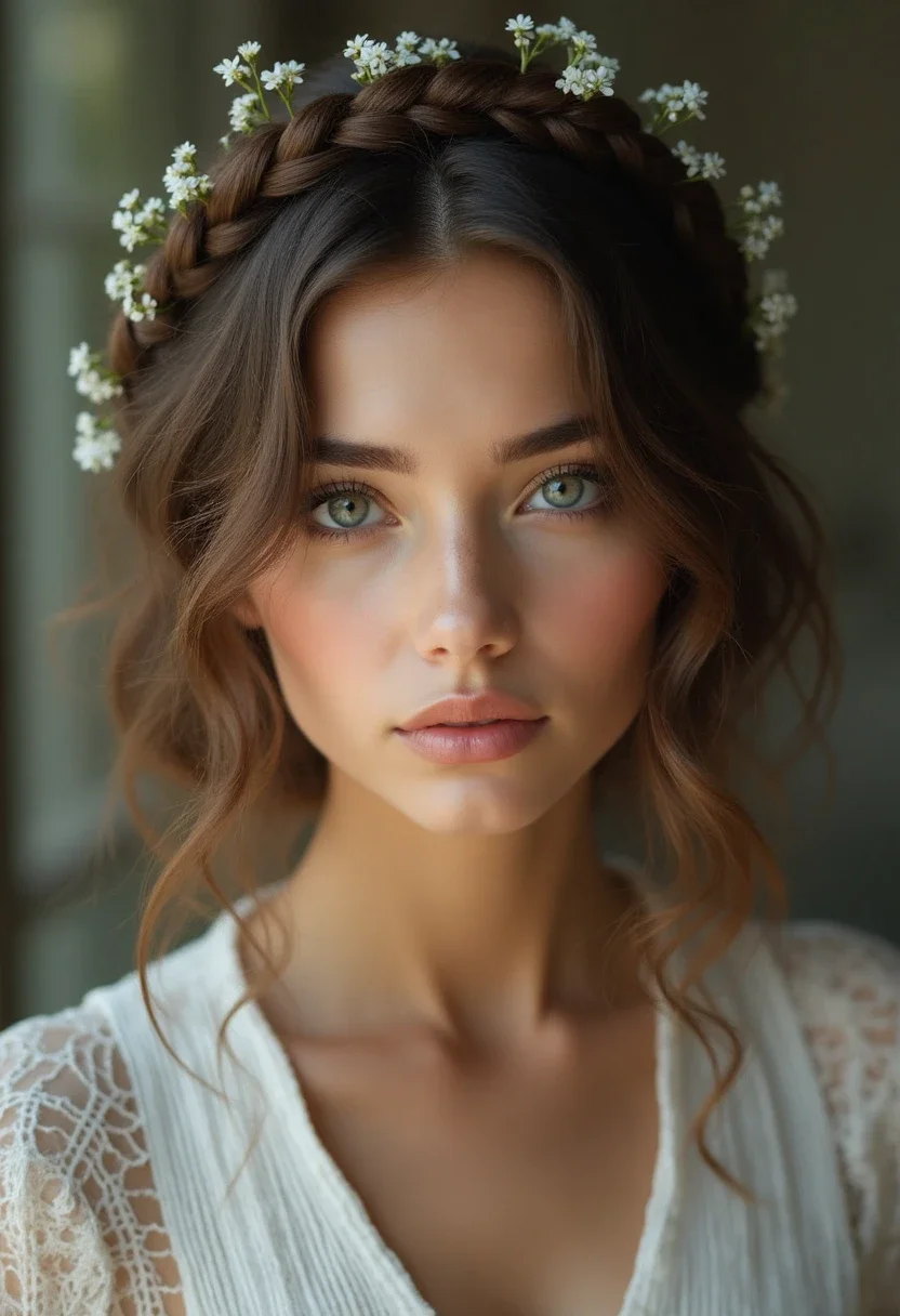 Braided crown hairstyle with floral accents.