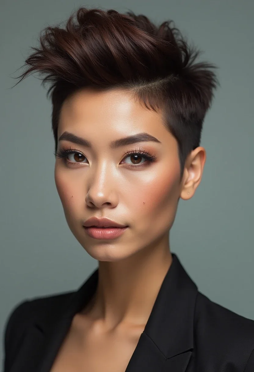Short hair styled in an edgy faux hawk.