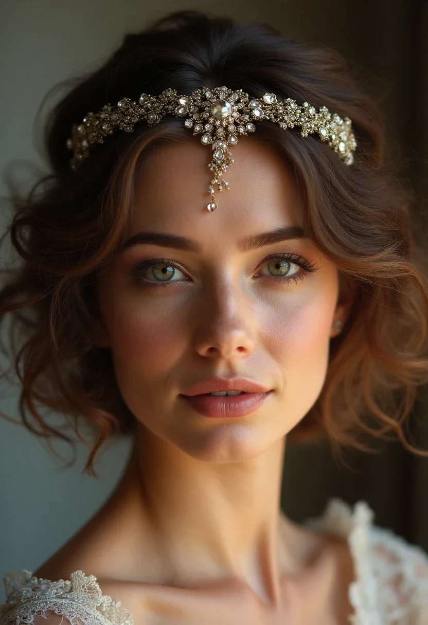 Soft curls hairstyle with a jeweled headband.