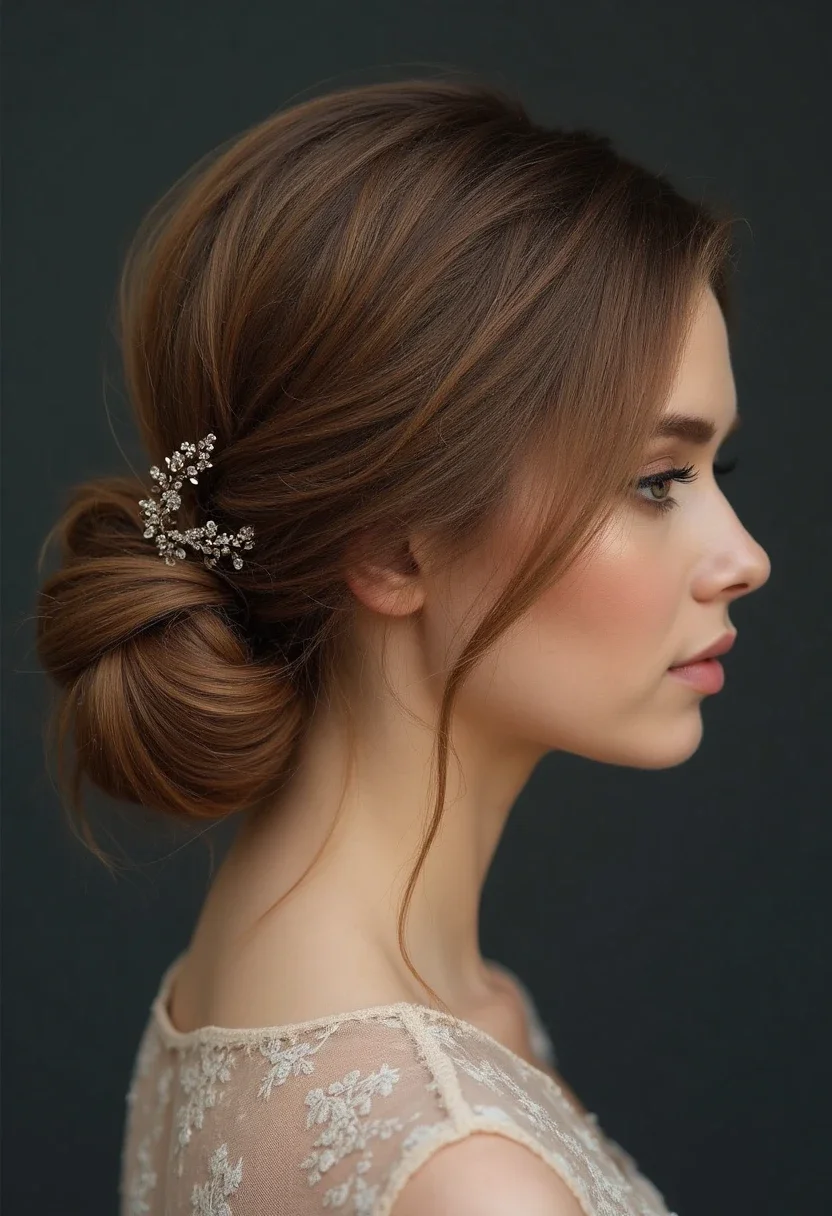 Elegant low bun hairstyle with decorative pins.