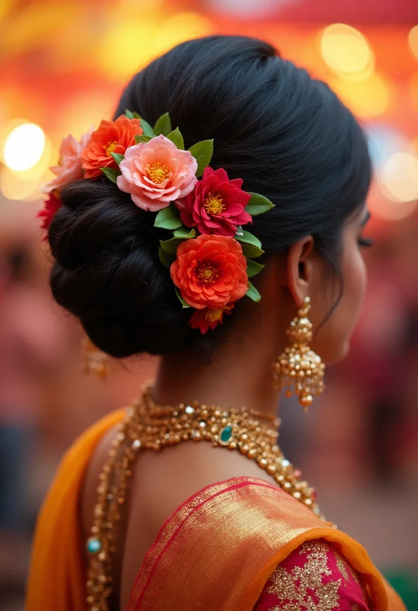 Bride with a floral bun hairstyle, decorated with fresh flowers.