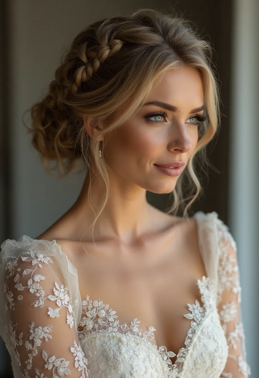 Bride with an elegant braided updo hairstyle.