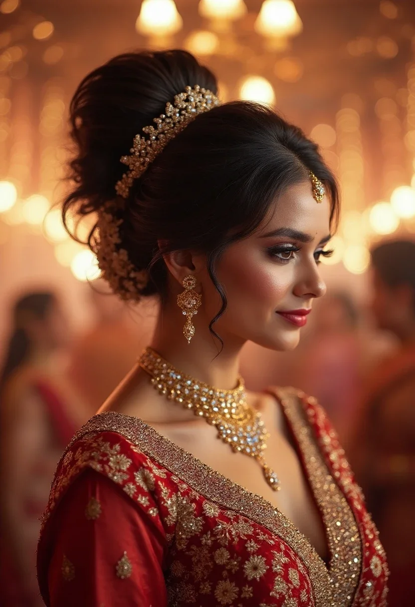 Bride with a regal high bun hairstyle.