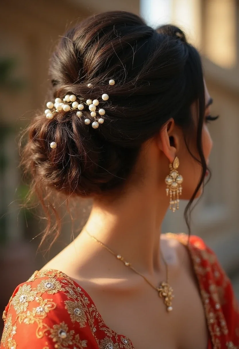Bride with an intricate messy bun hairstyle.
