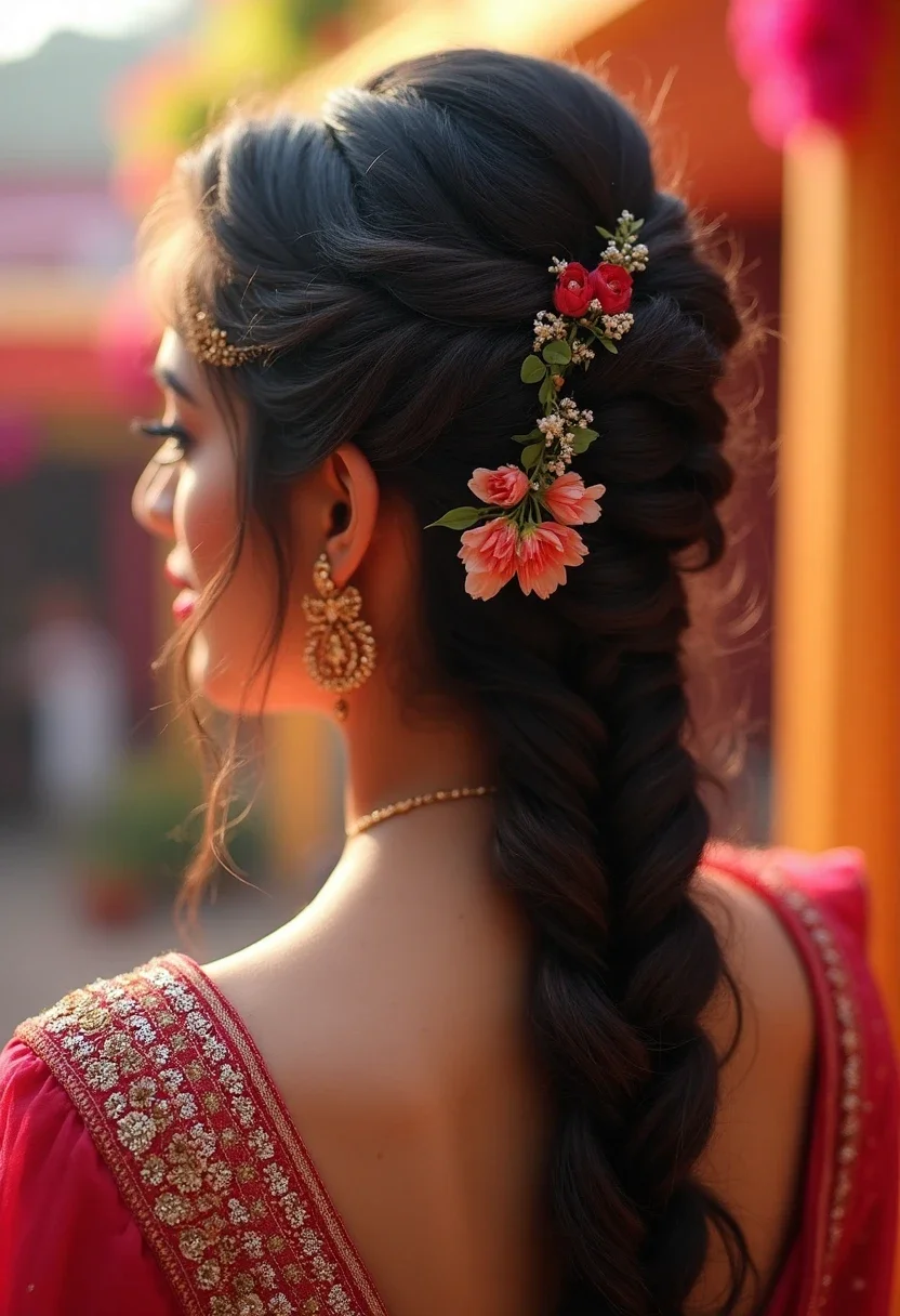 Bride with a twisted half-up half-down hairstyle.