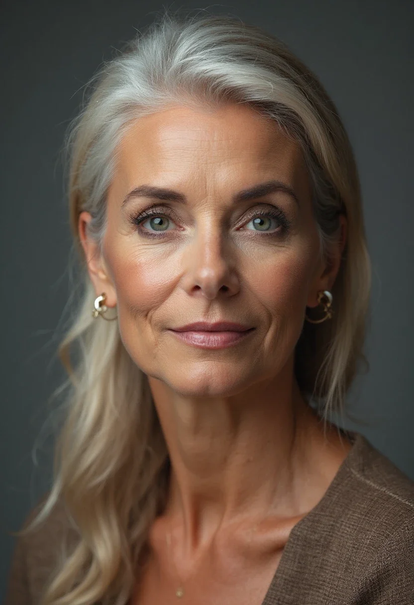 Older woman with a sleek ponytail hairstyle