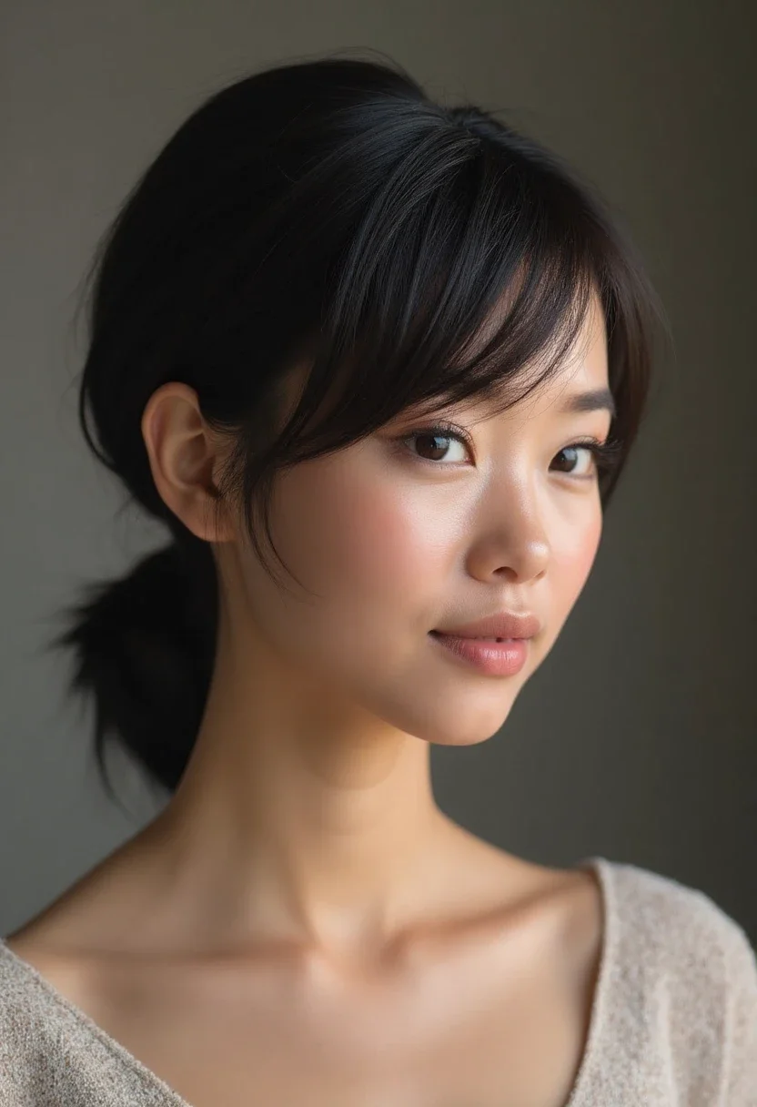 Low sleek ponytail on short hair
