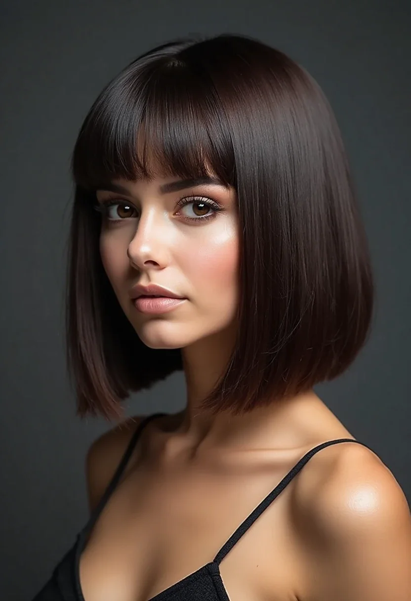Sleek bob hairstyle with a side part and glossy finish.