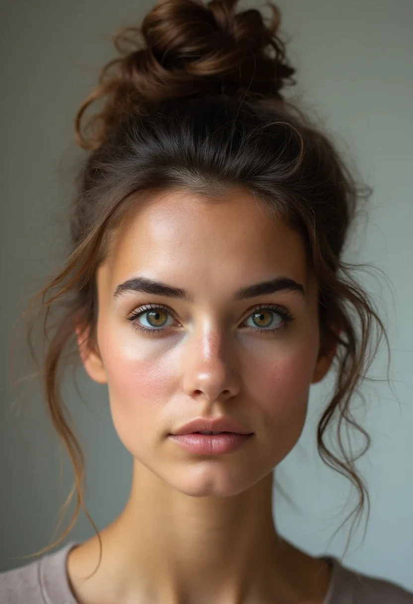 Messy top knot hairstyle with a casual, relaxed bun.