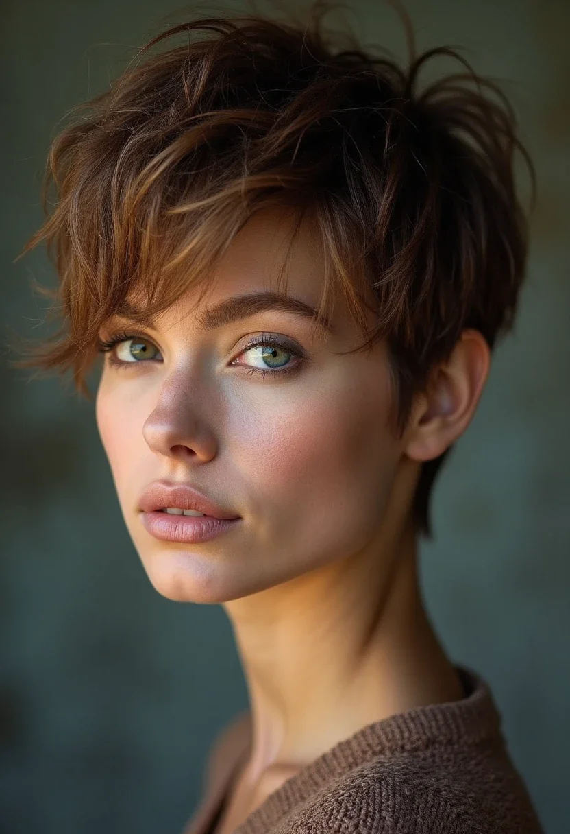 Textured crop hairstyle with choppy, layered ends.