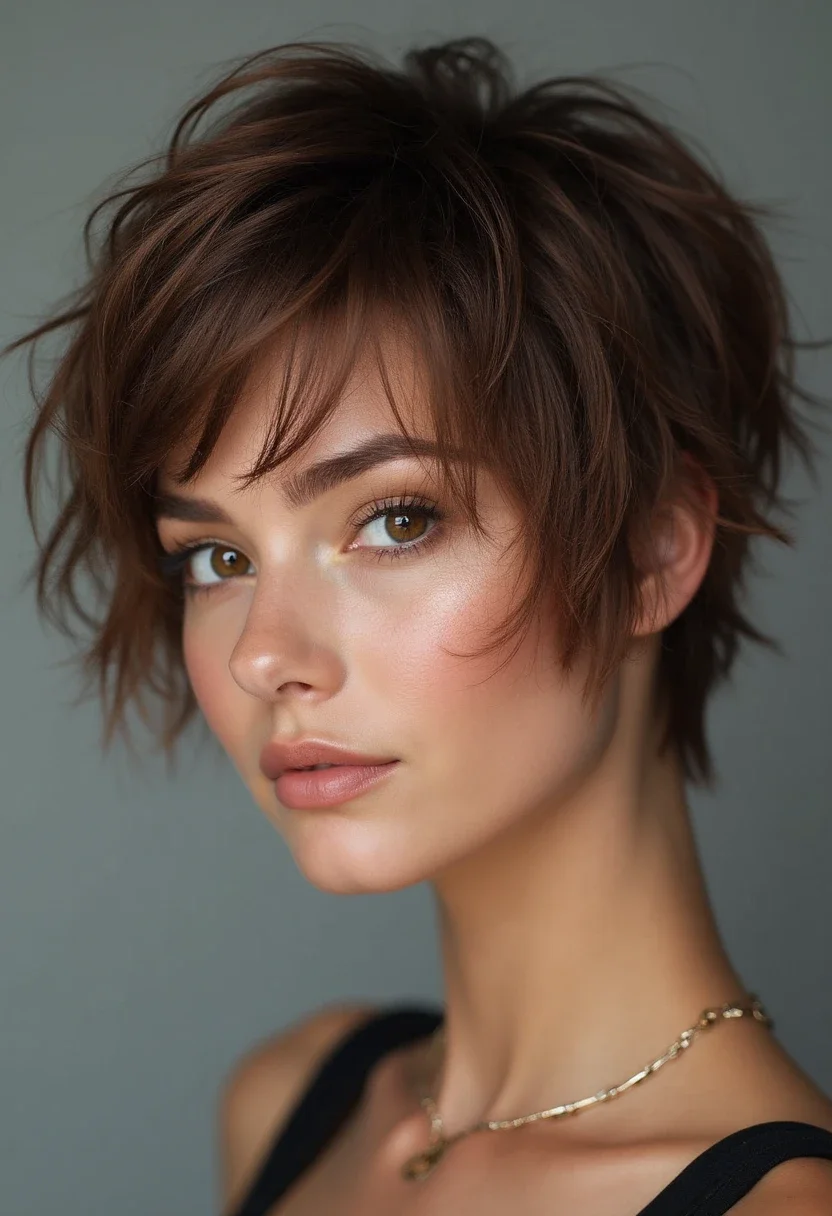 Short shag hairstyle with choppy, textured layers.