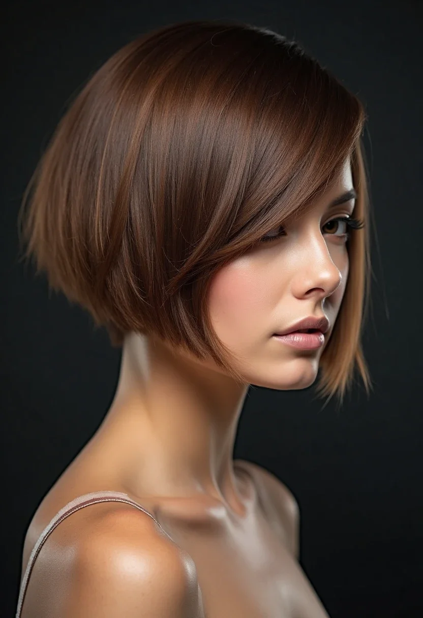 Asymmetrical bob hairstyle with uneven lengths.