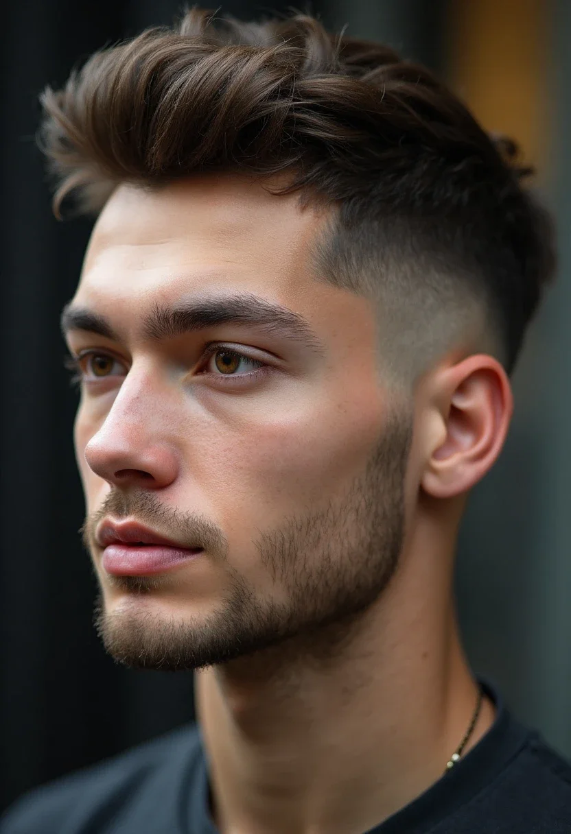 French crop hairstyle with short sides and a styled top.