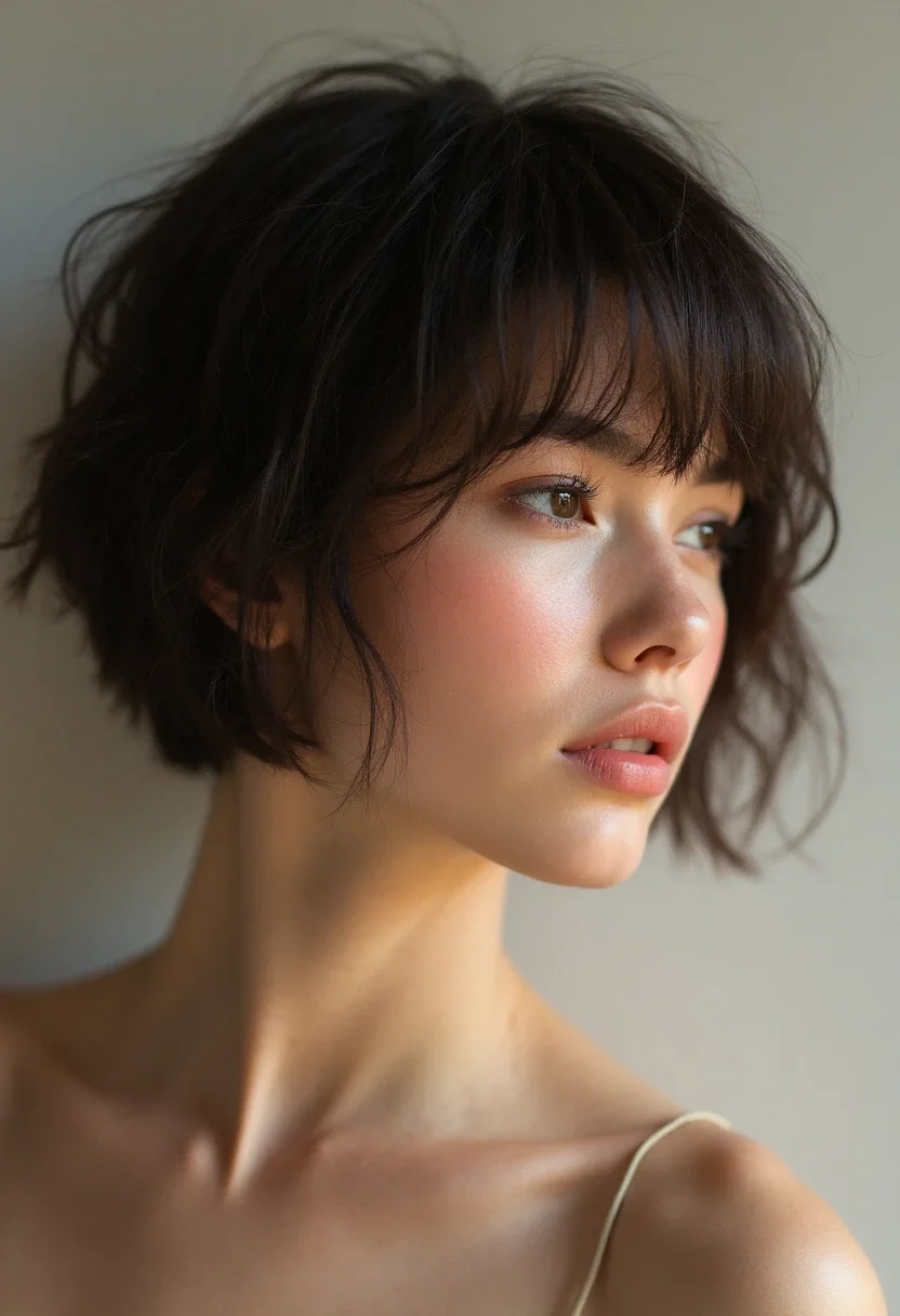 Short hair with side-swept bangs for a youthful appearance.