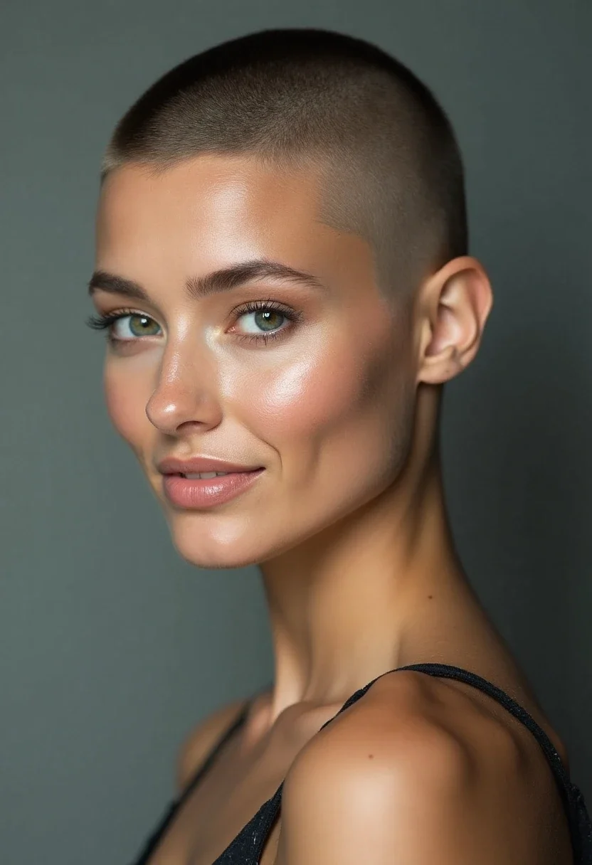 Buzz cut hairstyle with a very short, uniform length.